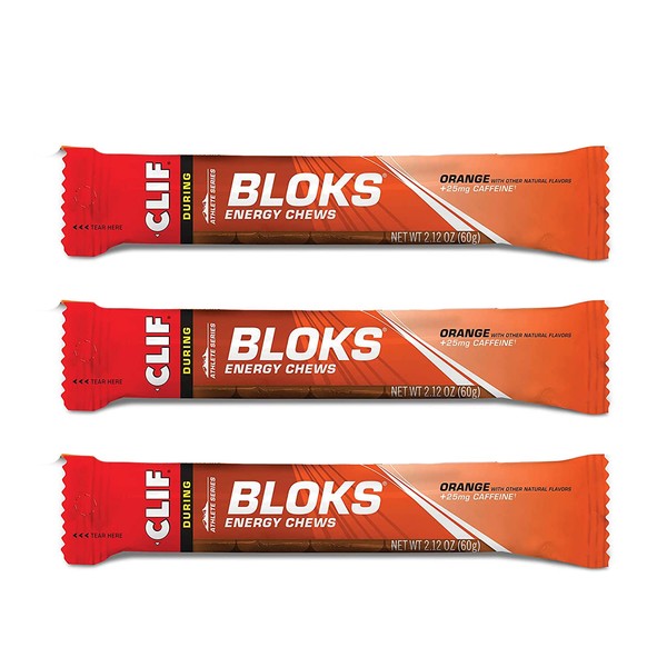 CLIF BLOKS - Energy Chews - Orange with 25mg Caffeine - Non-GMO - Plant Based Food - Fast Fuel for Cycling and Running-Workout Snack (2.1 Ounce Packet, 3 Count)