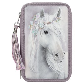 Depesche 13126 Miss Melody Fantasy Horse - Filled 3-Compartment Pencil Case in Pale Purple, with Horse Motif and Glitter, Pencil Case with Colouring Pencils, Ruler, Scissors etc.