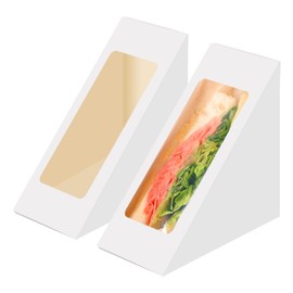 Cyblinia 100 Pcs Triangle Paper Sandwich Boxes 4.7x4.7x2.6 Inch Sandwich Packaging Take Out Boxes Containers with Window for Restaurant, Picnic and Party