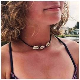 Allereyae Boho Shell Choker Necklace Vintage Layered Leather Necklace Black Choker Necklace Personlized Velvet Necklace Chain Jewelry