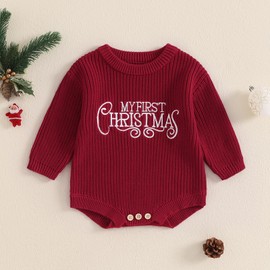 My First Christmas Baby Christmas Sweaters Letter Embroidered Long Sleeve Fall Winter Knitted Pullover (A Red, 0-3 Months)