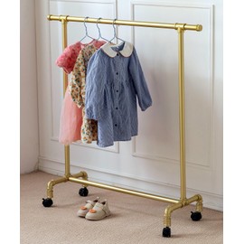 Homeyeeng Kids Clothing Racks,Child Dress up Racks with Hooks, Metal Pipes Costumes Garment Hanging Racks,Small Rolling Clothes Racks,Freestanding and Portable Heavy Duty Kids Closet,Gold