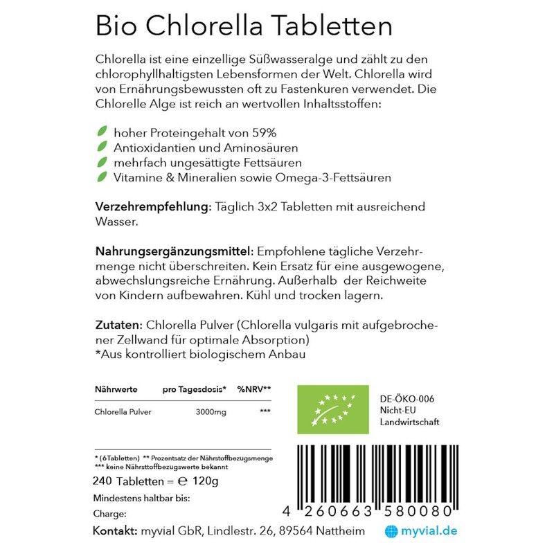 myvial® Organic Chlorella Tablets High Dose Pack of 240 Vegan