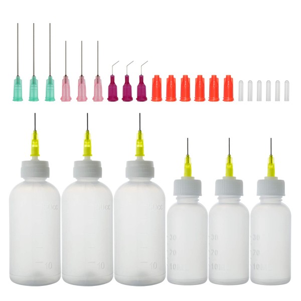 Needle Bottle Applicator 30+50ml, Precision Needle Tip Glue Bottle with 15 Dispensing Needles and 12 Caps for DIY Craft Refilling Glue