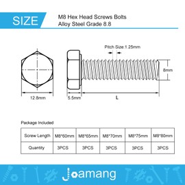 Joamang M8 x 60mm 65mm 70mm 75mm 80mm Hex Bolts, Hexagon Head Screw, 8.8 Grade Alloy Steel, Black Oxide Finish, Metric Full Machine Thread, Assortment Kit 15PCS