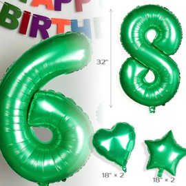 Yiran Large Number 2 Foil Balloons, 32 Inch Green with 18in Heart Balloons for Boys Girls Birthday Party
