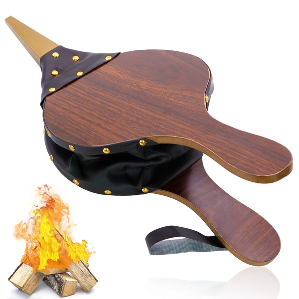 Wood Fireplace Bellows 17''x7.5'' with Hanging Leather Strap, Brown Air Bellower for Outdoor BBQ and Camping