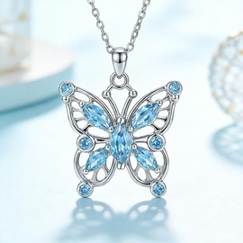 Molioaki 925 Sterling Silver Birthstone Butterfly Necklace for Women, Dainty Blue Gemstone Butterfly Pendant, Fine Jewelry for Birthday & Mothers Day (Style 3)
