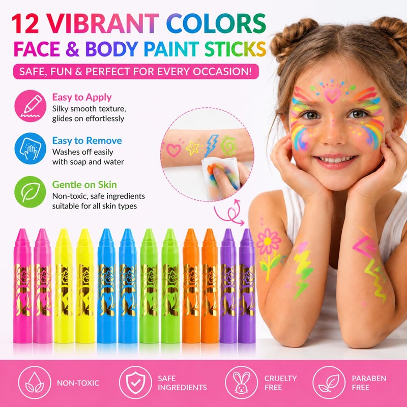 12 Pack UV Neon Face & Body Paint Sticks, Vibrant