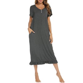 Vlazom Women's Nightdress Ruffle Hem Nightshirts V Neck Long Sleep Dress Nightgown Sleepwear, A-Dark Grey, XXL