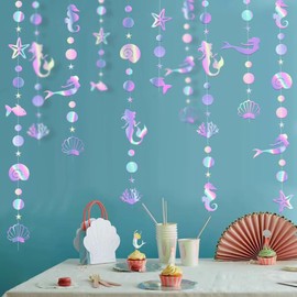 Rainbow Mermaid Pendant Ocean Scallops Starfish color Banner Star Circle Fish Garlands Girl Birthday Baptism Celebration Anniversary Party Decoration Set Photo Background Wall hanging Decor