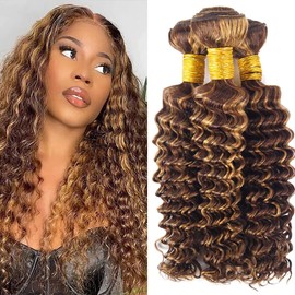 Dokksiiia Blonde Ombre Human Hair Bundles P4/27 Deep Wave with Chocolate Brown Highlighted #4 & #27 Piano Color Mix Double Weft Brazilian Human Hair Extensions 20 22 24 Inch Tangle-Free