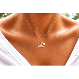 14K Gold Mermaid Necklace for Women Freshwater Pearl & Mother of Pearl Pendant Hypoallergenic Dainty Ocean Beach Theme Daily Jewelry Gift for Her Mom Daughter Birthday Graduation Party Anniversary