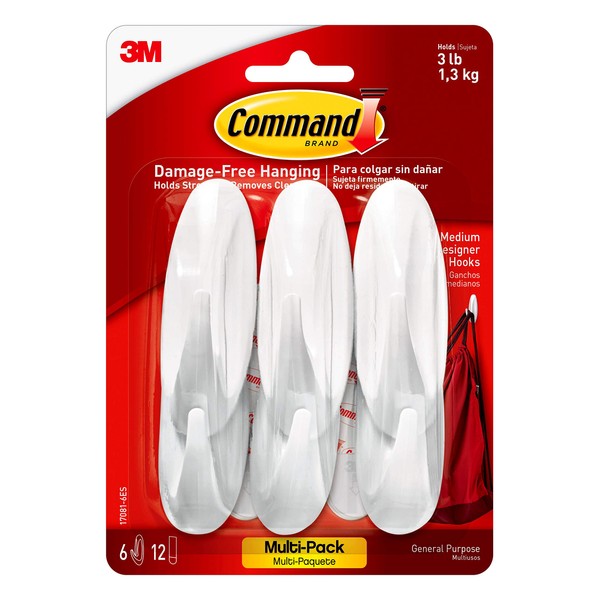 Command Medium Designer Hooks, White, 6-Hooks, Organize & Decorate Damage-Free