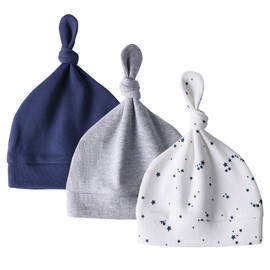 Owlivia Organic Newborn Knot Hats, Hospital Baby Beanies, Unisex Infant Caps, 3-Pack (Newborn, Navy/Gray/Blue Star)