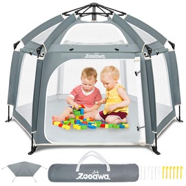 Zooawa Pop Up Playpen for Baby, 150*100 cm(L*H) Playpen for Babies and Toddlers with Removable Sun-Shades& 2 Side UV Covers, Lightweight Outdoor Baby Play pen for Beach Home with Travel Bag,Light Gray