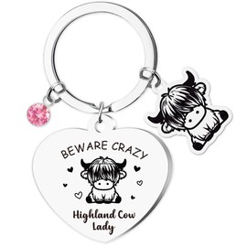 Funny Highland Cow Gifts Keychain - Animal Lover Beware Crazy Keyring for Women, Cute Crazy Cartoon Lover Stainless Steel Pendant for Mum Sister Friend Silver