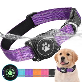 OKVSKO Airtag Dog Collar, Nylon Collar with Waterproof Air Tag Holder, Luminous Reflective Adjustable Pet Collar for Small Medium Large Heavy Duty Dogs,Purple, S