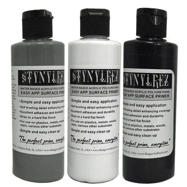Badger Air-Brush SNR-410 Stynylrez Water Based Acrylic Polyurethane 3-Tone Primer, 4-Ounce, White/Gray/Black,