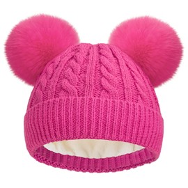 EDCYF Kids Winter Knit Beanie Hat Children's Thick Warm Fleece Lined Hat with Pompom for Girls Ages 6-14 Red