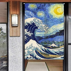 Ofat Home Japanese Noren Doorway Curtain Tapestry Window Blind, The Great Wave and Starry Night, Blue, 33.5"x 59", Customizable