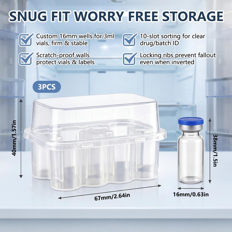 Hounyou 3Pcs Peptide Storage Case for Fridge, 10 Slots 3ml