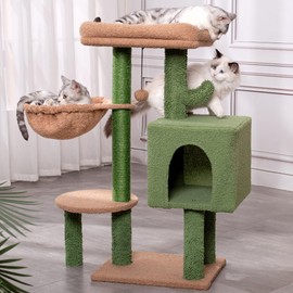 Meowrista Cactus Cat Tree Small Cat Tower with 32 Inches Scratching Post with Cats Condo House, Cozy Hammock and Removable Top Bed and Dangling Ball for Indoor Cats-34” Green