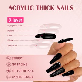 Gufonkod Glitter Black Press on Nails Long Coffin Fake Nails with Rhinestones Designs Glossy Acylic False Stick on Nails Glue on Nails for Women 24pcs