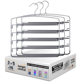 Hanger Central 3 Pack Space Saving Swing Arm Pants Hangers – 5 Tier Stainless Steel Multi-Layer Closet Organizer for Jeans, Slacks, Trousers, Skirts – Non Slip Hangers for Clothes, Black