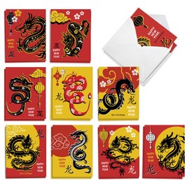 The Best Card Company 20 Assorted Lunar New Year Notecards Boxed Set 4 x 5.12 Inch with Envelopes (10 Designs, 2 Each) Red Dragon AM10975LNG-B2x10