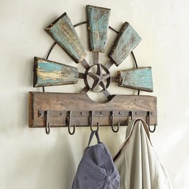 Black Forest Décor Weathered Windmill Coat Rack – Rustic Western Wall Hook Rack – 20"W x 16"H