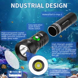 Professional Scuba Dive Light,5 Mode with Power Indicator Underwater Flashlight,Super Bright 2000 Lumens Scuba Diving Flashlight,IP68 Waterproof,Rechargeable Safety Dive Torch(Battery included)