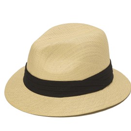 Summer Straw Panama Fedora Sun Hat UV Protection Beach Cuban Trilby Hats for Men and Women (Khaki,M)