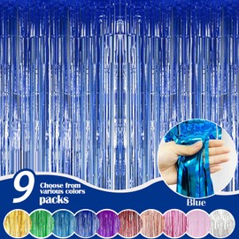 Fachoige 9packs of 3.2ft*6.6ft Metallic Tinsel Foil Fringe Curtains Wedding for Birthday Engagement Bridal Shower Bachelorette Holiday Celebration Party Decorations and Photo Booth Props(9 pack Blue)