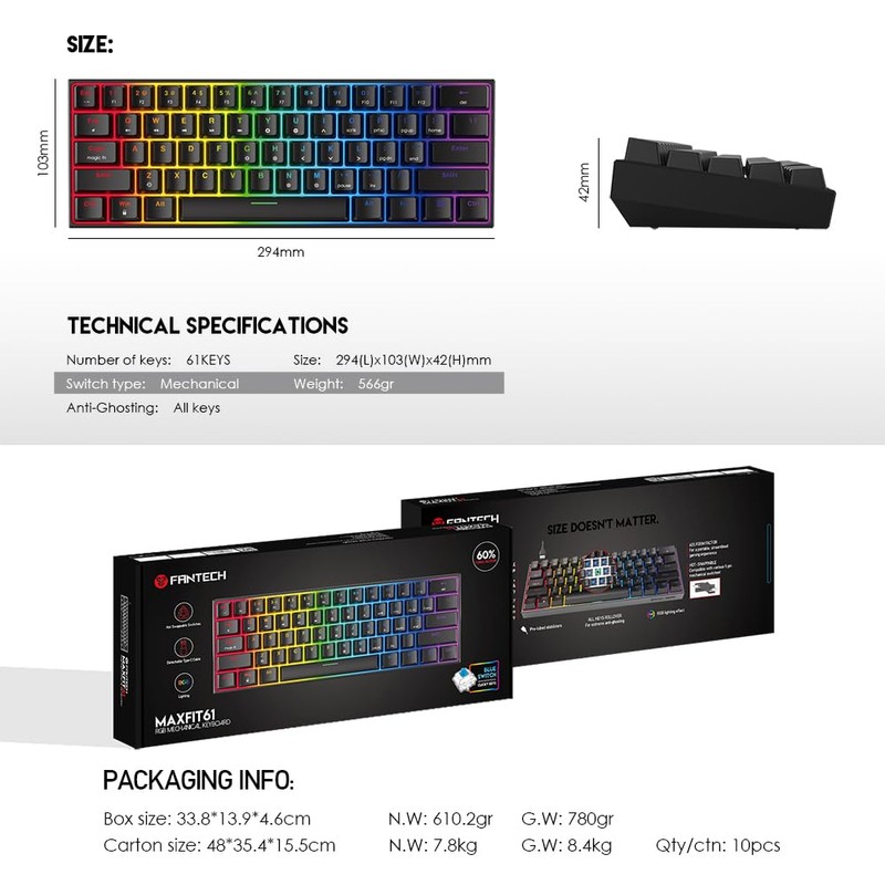 FANTECH MAXFIT61 RGB con cable 60% teclado mecánico, 61 teclas