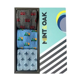 Mint & Oak Mens Printed Crew Socks Soft Cotton Calf Length Colorful Gift for Men Antimicrobial and Odor Free Funky Socks - Gift Box of 3, Print on the go
