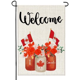 12 x 18 Inches Welcome Canada Garden Flag for Yard Lawn Outdoor, Red White Floral Jar and Maple Design with Canadian Flags, Double-Sided Burlap Flag for Canada Day July 1st Summer Porch Decorations
