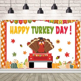 AIBIIN 7x5ft Thanksgiving Happy Turkey Day Banner Backdrop Pumpkin Turkey Maple Leaf Happy Turkey Day Decoration for Fall Classroom Office Home Wall Decor
