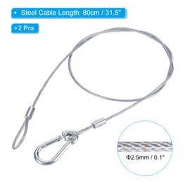 PATIKIL Stainless Steel Safety Cable 31.5"/80cm, 2Pack 2.5mm Flexible Security Wire Rope Lock Double Loops with Hook for Stage Lighting Luggage, Silver