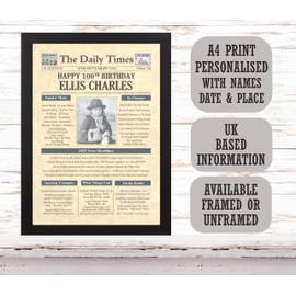 100th Birthday Gifts for Mum Dad Nan Grandad Born 1925 - Day You Were Born Newspaper Photo Gift