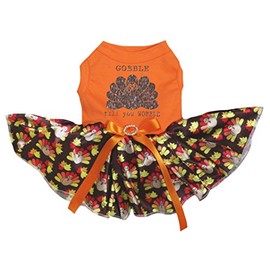 Petitebella Brown Gobble Turkey Till You Wobble Puppy Dog Dress (Orange/Brown Turkeys, X-Large)