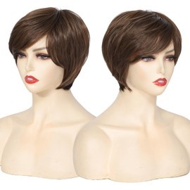 Yamel Brown Streaked Pixie Wig with Bangs for Daily Use or Cosplay, Natural Straight Layered Synthetic Hair Short Wigs for Women Ladies
