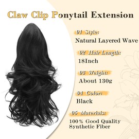 NAYOO Claw Clip Ponytail Extension Black 18" Long Wavy Ponytail Clip in Hair Extensions for Women Curly Natural Layered Pony Tails for Short Thin Hair Synthetic Hairpiece(Black)