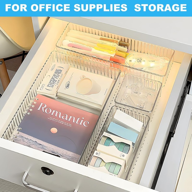 AUTUUCKEE 7pcs Clear Drawer Organizer, 4 Sizes Stackable Makeup Drawer