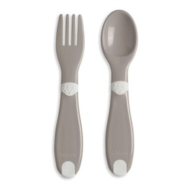 Chicco First Baby Cutlery, Neutral, Fork & Spoon, Small, Lightweight, Handy, Non-Slip Surface, 12M+, Pack of 2, 0% BPA, Grey