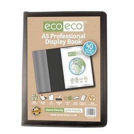 eco-eco A5 50% Recycled 40 Pocket Black Professional Business Display Book, Padded Portfolio Art Folder with Plastic Sleeves, eco143