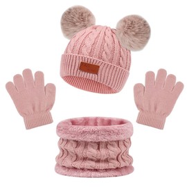 Veiteibe Children's Winter Warm Beanie Hat Scarf Gloves Set, Warm Knitted Thickened Hat Scarf Gloves Set for 1-5 Years Old Boys and Girls Children Winter Outdoor Sports Accessory Set Pack of 3, pink