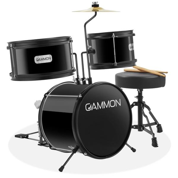 Gammon 3-Piece Junior Drum Set with Throne - Black, Complete Beginner Kit with Bass Drum, Toms, Cymbal, Pedal, and Drumsticks