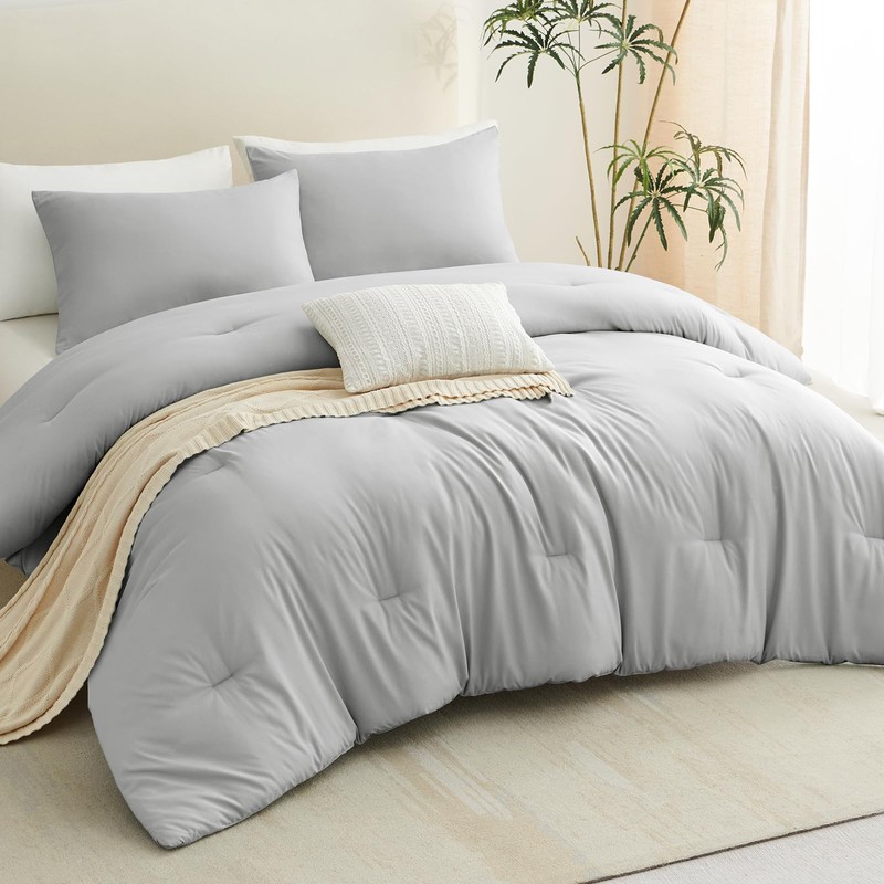 CozyLux Light Grey Comforter Set King Size, 3 Pieces Solid