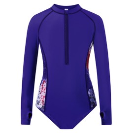 DMSWST Girls Long Sleeve Swimsuit UV Protection Zipper One-Piece Rashguard Swimwear Bathing Suit 9 10 11 Years Blue